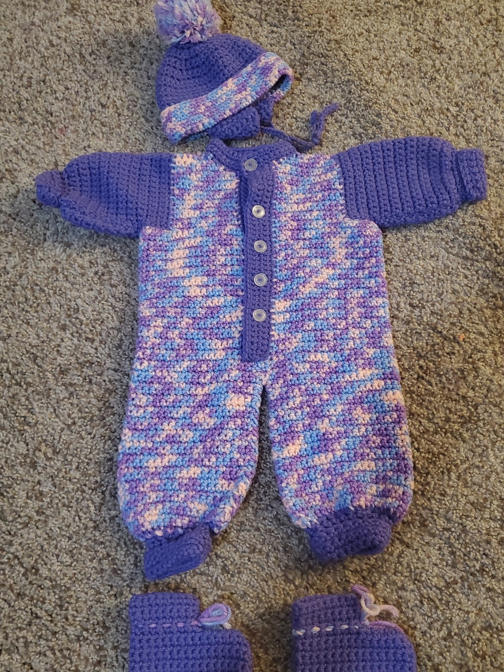 Handmade Purple Multicolor Crochet Baby One-Piece Romper with Hat and Booties